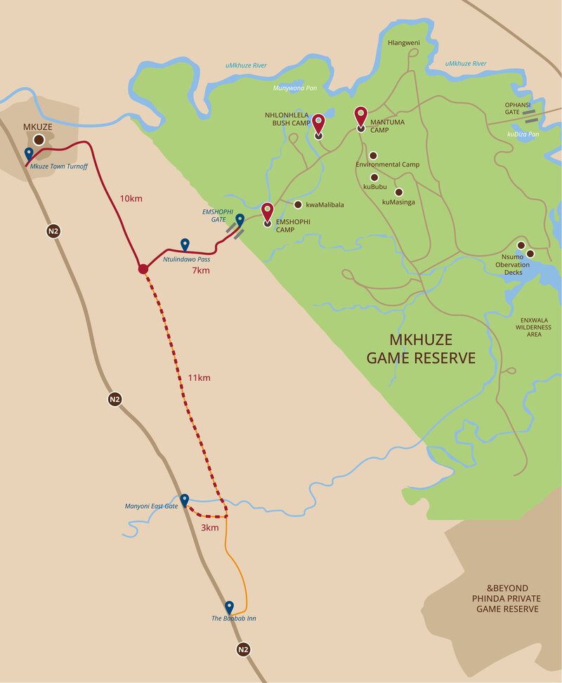 Map showing routes to uMkhuze Game Reserve via the N2, Mkuze town, and the Emshophi and Ophansi gates, with camps marked